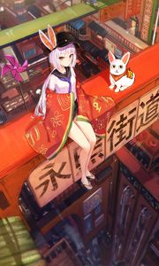 Preview wallpaper girl, kimono, pet, anime, art