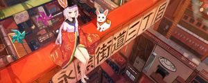 Preview wallpaper girl, kimono, pet, anime, art