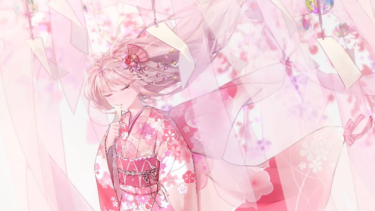 Wallpaper girl, kimono, pink, anime, art