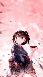 Preview wallpaper girl, kimono, plate, petals, anime, japan