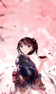 Preview wallpaper girl, kimono, plate, petals, anime, japan