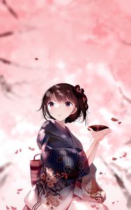 Preview wallpaper girl, kimono, plate, petals, anime, japan