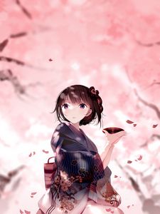 Preview wallpaper girl, kimono, plate, petals, anime, japan