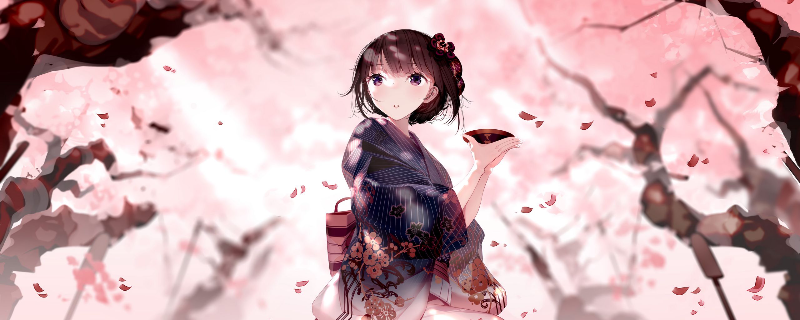Download wallpaper 2560x1024 girl, kimono, plate, petals, anime, japan ...