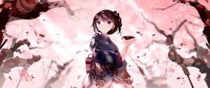 Preview wallpaper girl, kimono, plate, petals, anime, japan