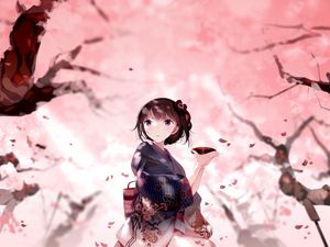 Preview wallpaper girl, kimono, plate, petals, anime, japan