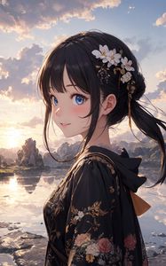 Preview wallpaper girl, kimono, pond, anime, art
