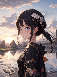 Preview wallpaper girl, kimono, pond, anime, art