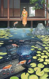 Preview wallpaper girl, kimono, pond, fish, underwater world