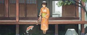 Preview wallpaper girl, kimono, pond, fish, underwater world