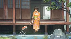 Preview wallpaper girl, kimono, pond, fish, underwater world
