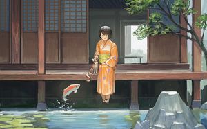 Preview wallpaper girl, kimono, pond, fish, underwater world