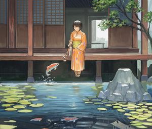 Preview wallpaper girl, kimono, pond, fish, underwater world