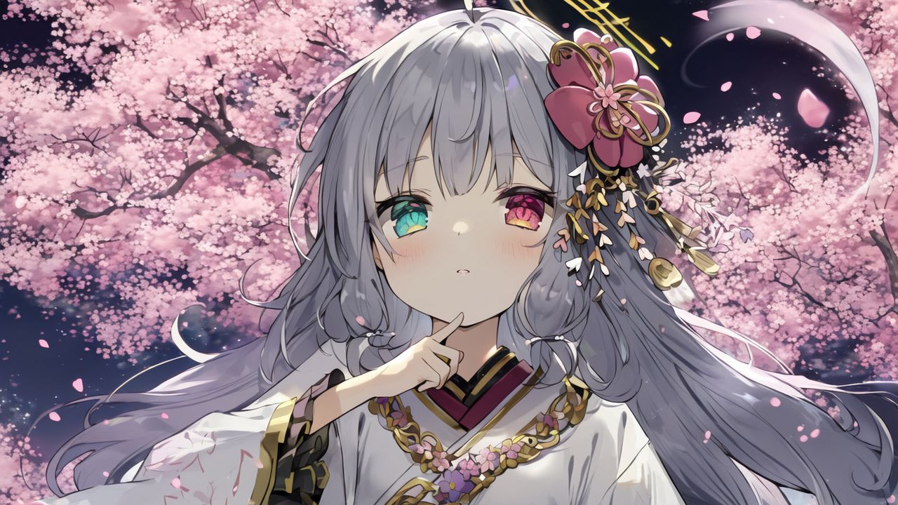 Wallpaper girl, kimono, sakura, heterochromia, art, anime