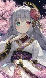 Preview wallpaper girl, kimono, sakura, heterochromia, art, anime