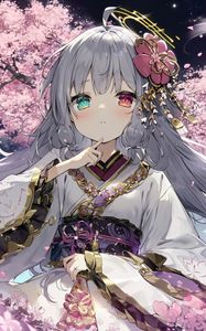 Preview wallpaper girl, kimono, sakura, heterochromia, art, anime