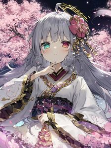 Preview wallpaper girl, kimono, sakura, heterochromia, art, anime