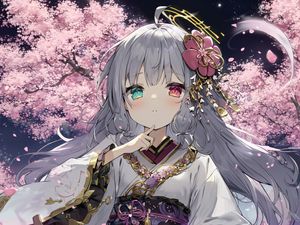 Preview wallpaper girl, kimono, sakura, heterochromia, art, anime