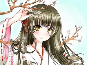 Preview wallpaper girl, kimono, sakura, branches, anime, art