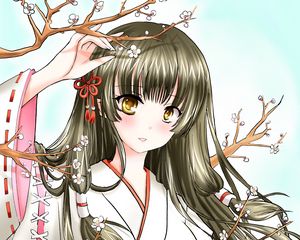 Preview wallpaper girl, kimono, sakura, branches, anime, art