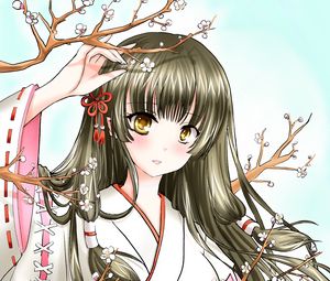 Preview wallpaper girl, kimono, sakura, branches, anime, art