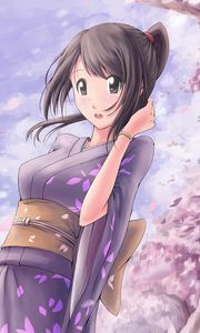 Preview wallpaper girl, kimono, sakura, petals, anime, art