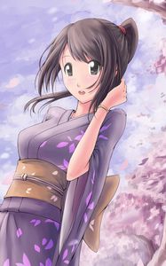 Preview wallpaper girl, kimono, sakura, petals, anime, art