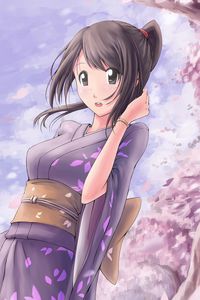 Preview wallpaper girl, kimono, sakura, petals, anime, art