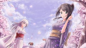 Preview wallpaper girl, kimono, sakura, petals, anime, art
