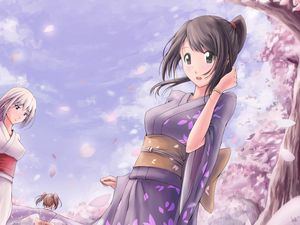 Preview wallpaper girl, kimono, sakura, petals, anime, art