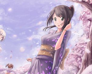 Preview wallpaper girl, kimono, sakura, petals, anime, art