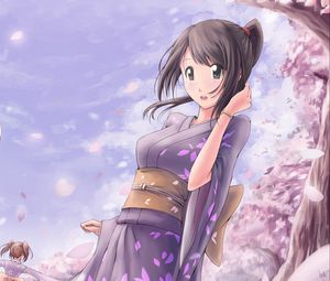 Preview wallpaper girl, kimono, sakura, petals, anime, art