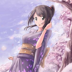 Preview wallpaper girl, kimono, sakura, petals, anime, art