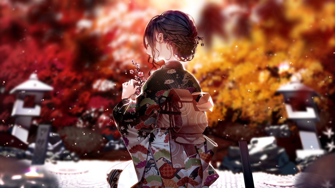 Wallpaper girl, kimono, sakura, flowers, anime