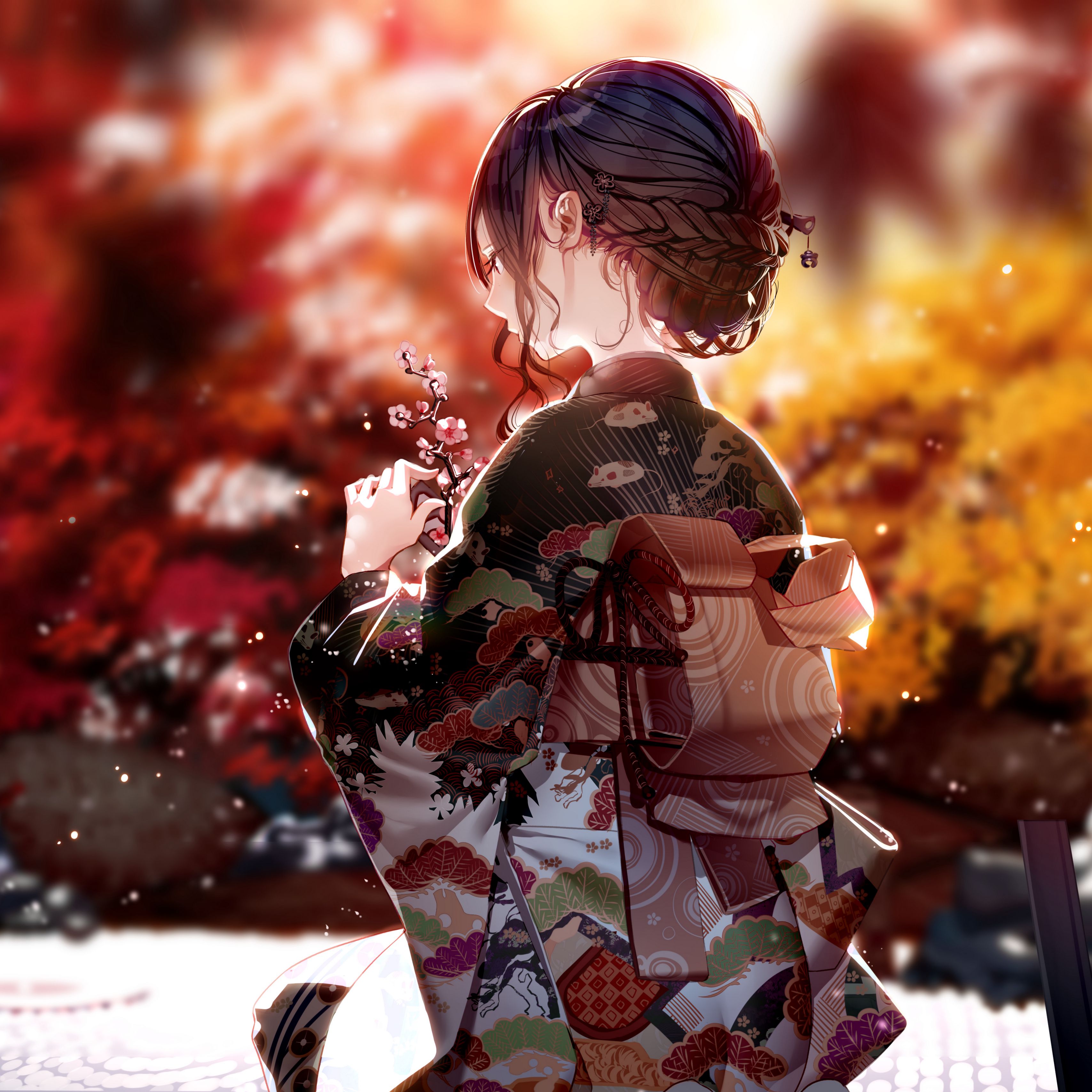 Download wallpaper 3415x3415 girl, kimono, sakura, flowers, anime ipad