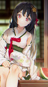 Preview wallpaper girl, kimono, smile, fan, anime