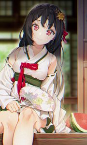 Preview wallpaper girl, kimono, smile, fan, anime