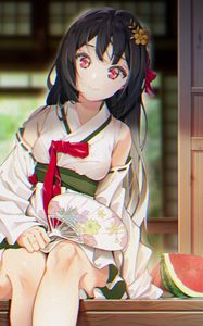 Preview wallpaper girl, kimono, smile, fan, anime