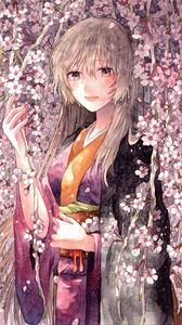 Preview wallpaper girl, kimono, smile, flowers, anime, art