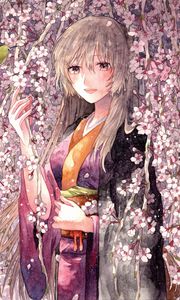 Preview wallpaper girl, kimono, smile, flowers, anime, art