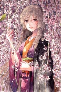 Preview wallpaper girl, kimono, smile, flowers, anime, art