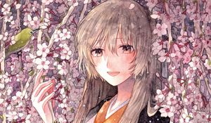 Preview wallpaper girl, kimono, smile, flowers, anime, art