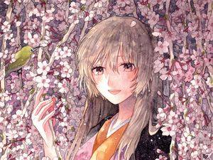 Preview wallpaper girl, kimono, smile, flowers, anime, art