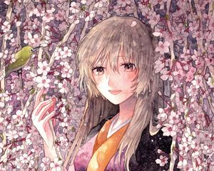 Preview wallpaper girl, kimono, smile, flowers, anime, art