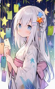 Preview wallpaper girl, kimono, smile, stars, anime