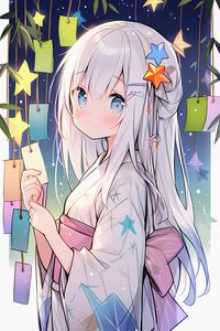 Preview wallpaper girl, kimono, smile, stars, anime