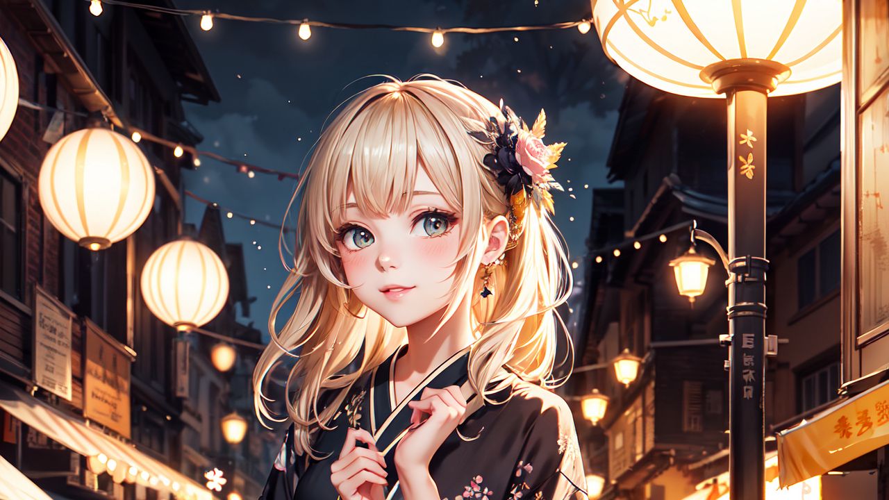 Wallpaper girl, kimono, street, chinese lanterns, evening, anime