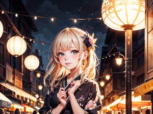 Preview wallpaper girl, kimono, street, chinese lanterns, evening, anime