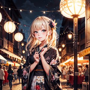 Preview wallpaper girl, kimono, street, chinese lanterns, evening, anime