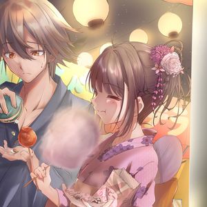 Preview wallpaper girl, kimono, sweets, fair, holiday, anime